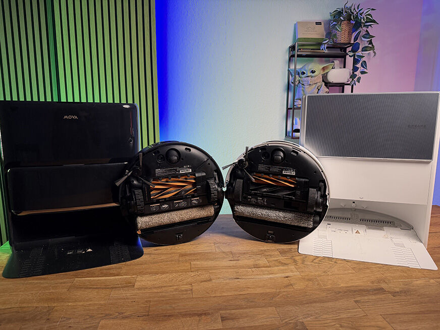 Die Unterseite des MOVA Z60 Ultra Rollers im Vergleich zum Dreame Aqua10.